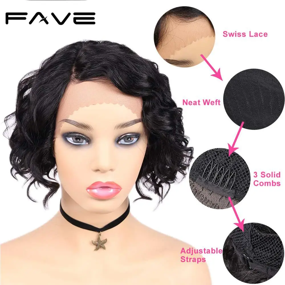 FAVE 100% Human Hair Wigs For Black Women Remy Short Brazilian Natural Wave Wigs Side Part Lace L Part Wig Short Black Wavy Hair