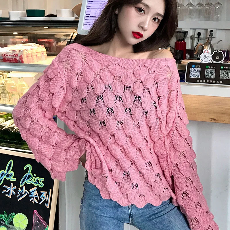 

Summer hollow lazy wind woman loose wool sweater Petal hollow shape thin section trumpet sleeve sweater tops 2019 women clothes