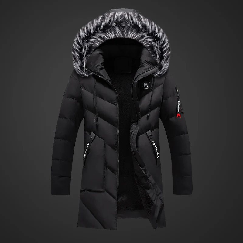 Модная зимняя мужская куртка высокого качества с меховым воротником, толстое пальто с капюшоном, бархатная теплая парка, мужской длинный Тренч, пуховики, Hombre