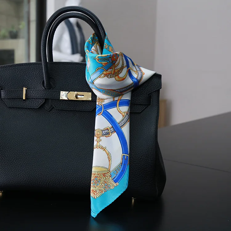 

New arrival lady blinger brand luxurious saddle green gold chains small square silk scarf 100% office lady digital print scarf