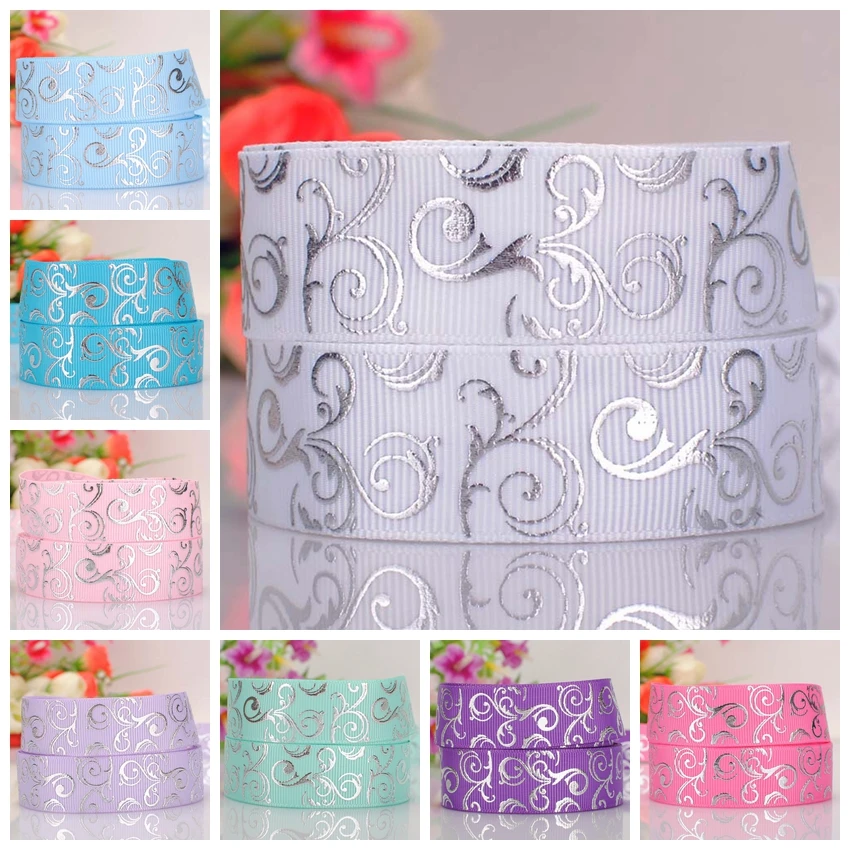 

7/8" 22mm 50 yards solid color silver foil ribbon printed foil grosgrain ribbon