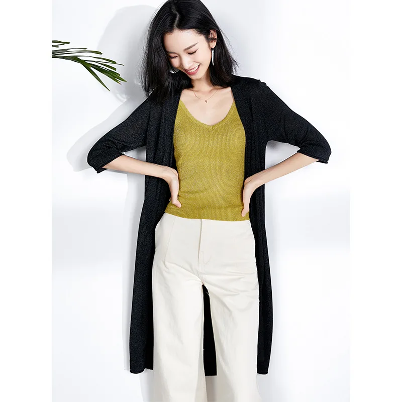 Suvance Summer Fashion V Neck 3 Color Long Cardigan Patchwork Knitted Loose Sunscreen Women Outwear |