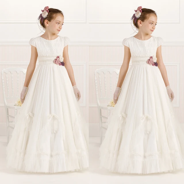 Best price at $112 Cheap Custom Make 2016 Little Flower Girls Dresses Crew Neckline Hand Made Flowers Tulle Ankle Length Little Girls Party Dresses