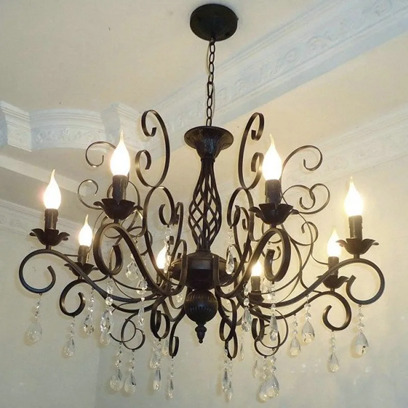 Vintage Crystal Chandeliers Livint Room Dining Room Lamp Black White Loft Wrought Iron E14 Candle Chandeliere Lighting