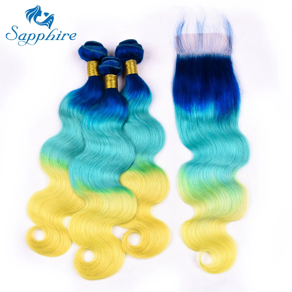 Sapphire Pre Colored Hair Weave 3 Bundles With Closure 4x4 Ombre