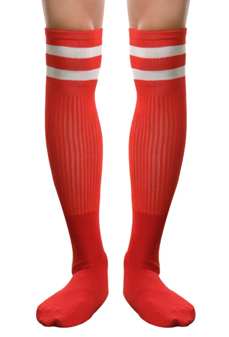 Новинка, мужские, женские, спортивные, выше колена, для футбола, хоккея, регби,, длинные носки, в полоску, для молодежи, для футбола, для спорта, длинные носки - Цвет: Красный