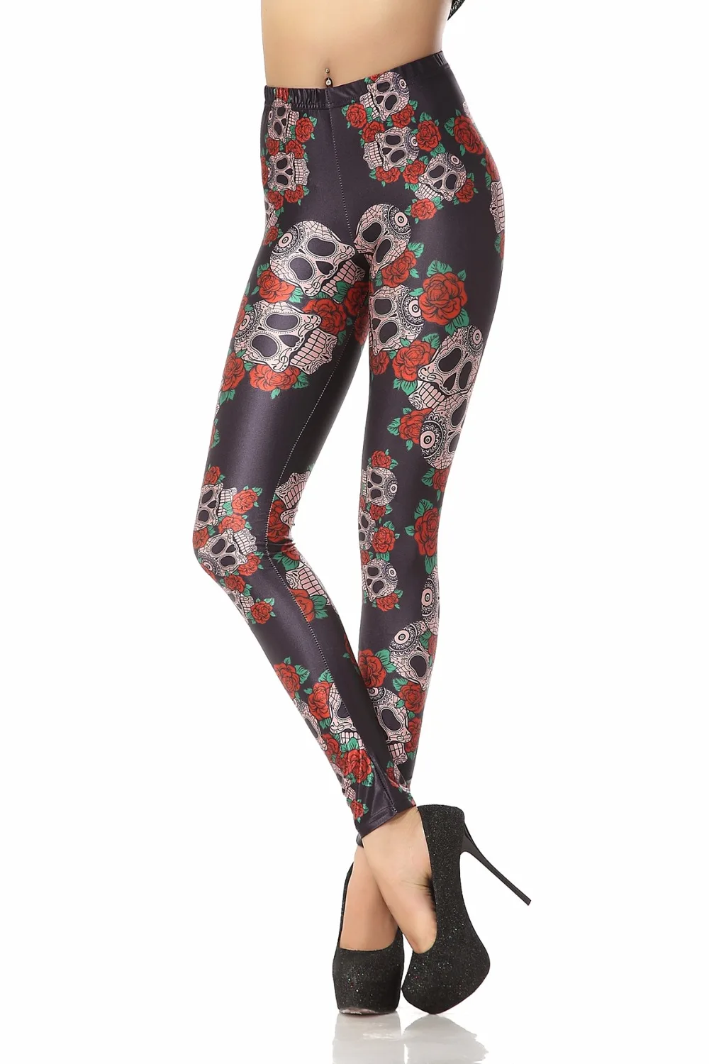 KDK1046 Sexy Girl Halloween Skull Rose Flower Printed Elastic Slim font b Fitness b font Women