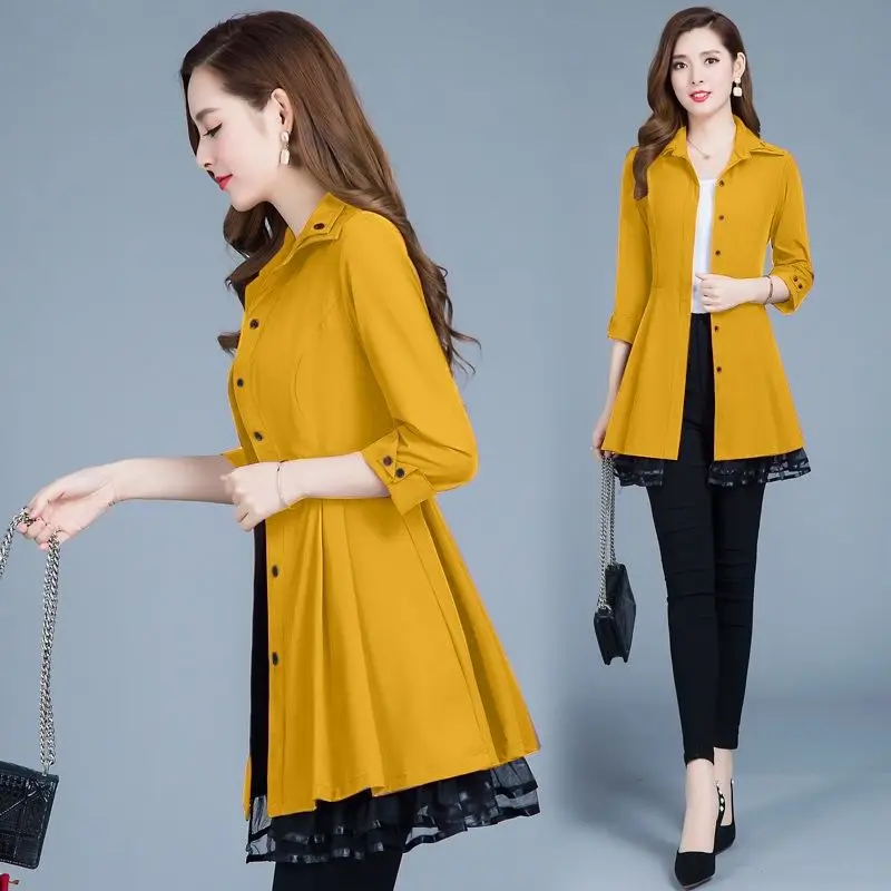 

Women Classic Solid Long Trench Coat Female Thin Three Quarter Trench Sashes Korea Style Lace Outerwear