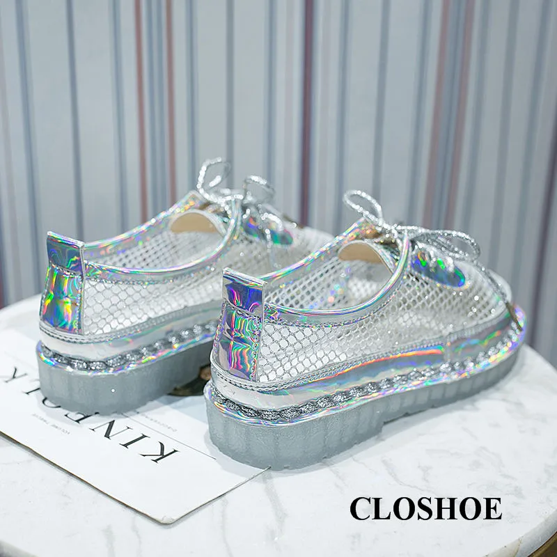 

CLOSHOE Net Shoe Schoolgirl Spring and Summer New Fund Baotou Roman Sandals Bling Recreational and Breathable Jelly