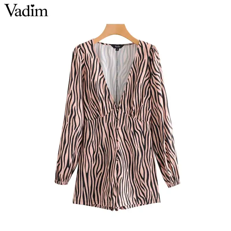 

Vadim women sexy V neck zebra pattern playsuit long sleeve animal print rompers female casual stylish jumpsuits KA667