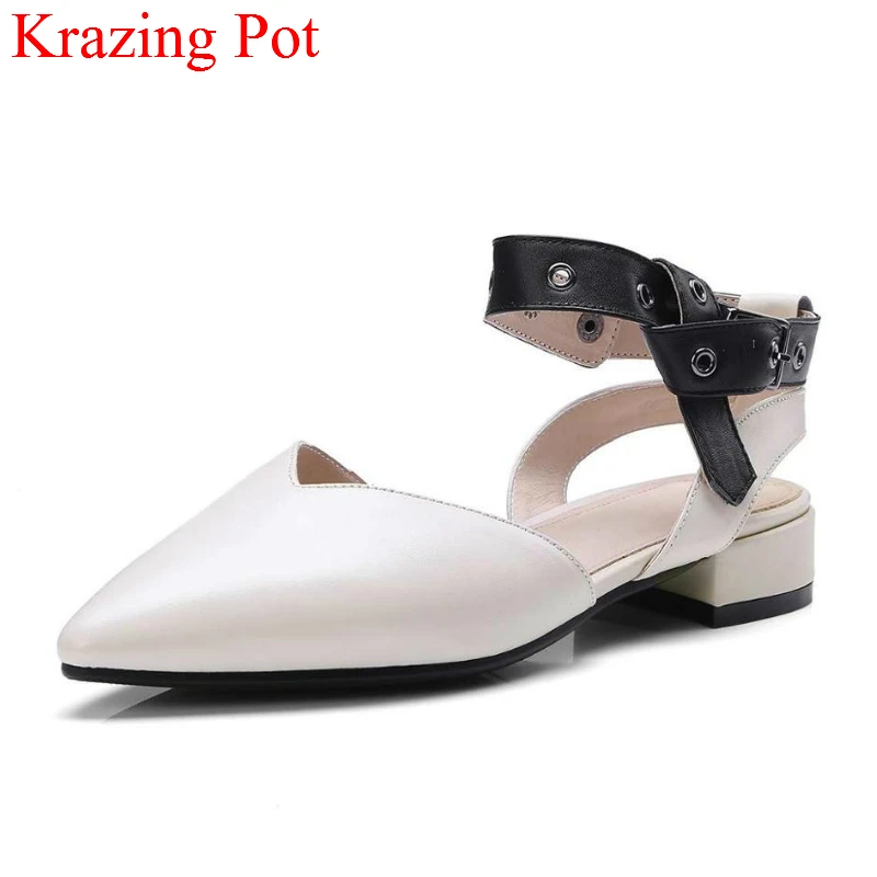 

2018 Genuine Leather Metal Decoration Pointed Toe Ankle Strap Shoes Cross Tied Thick Heels Office Lady Concise Women Pumps L63