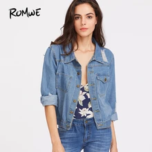 ROMWE однобортный для женщин с длинным рукавом Весенние куртки карманы нагрудные рваные джинсовая куртка Mid Error source джинсовая