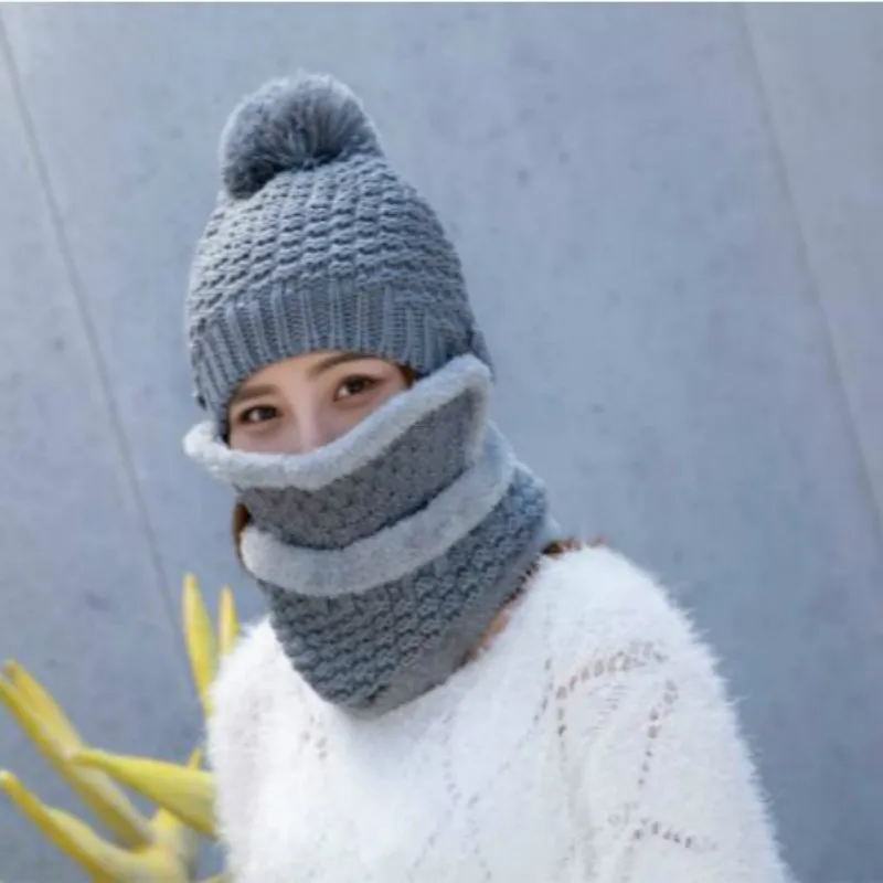 Серый Женская защита шеи Зимние skullies шапочки Женские Модные уличные толстый теплый шарф шапка осень помпоном шапочка нагрудник девочка капот - Цвет: Серый