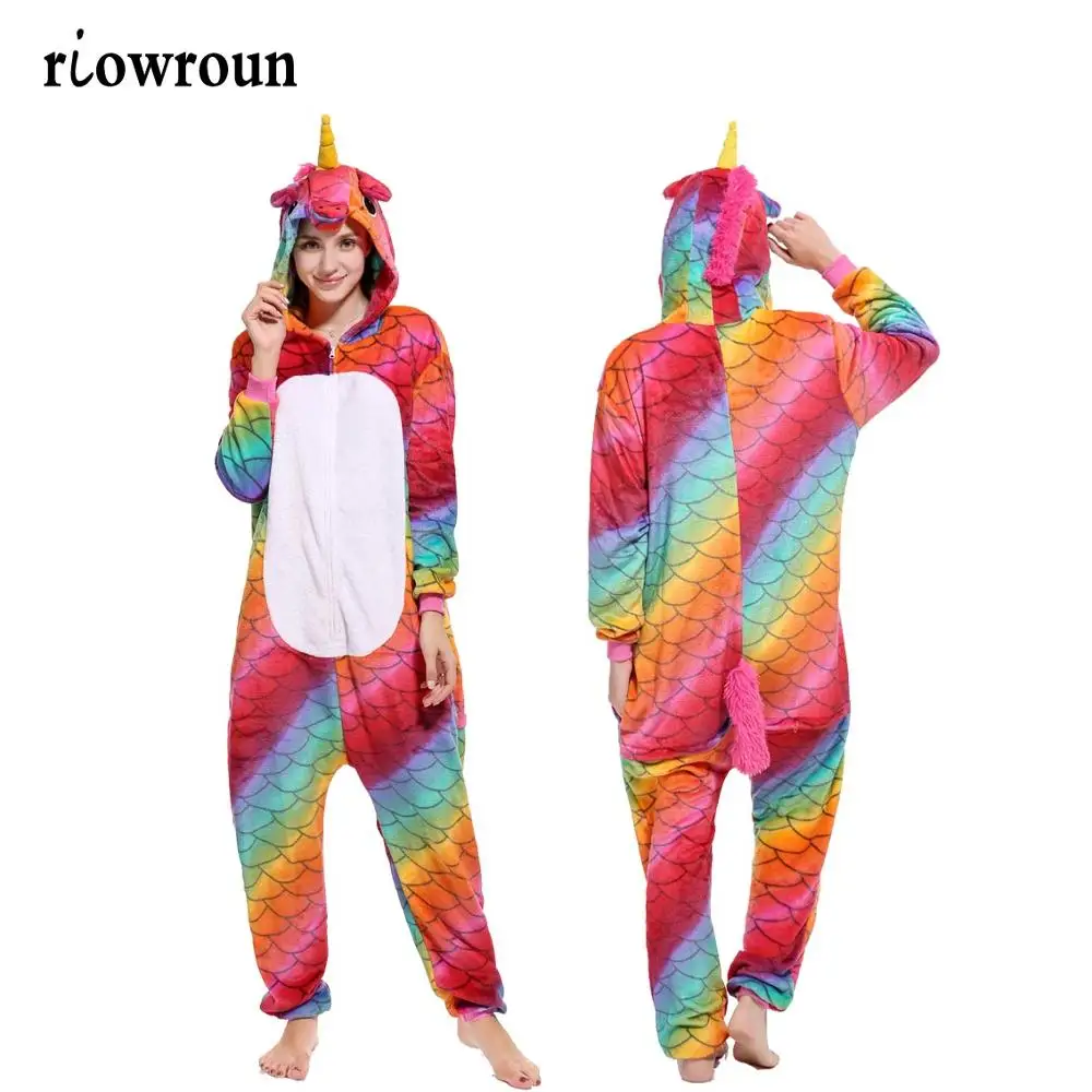 Fish scale unicorn 2 Зимние пижамы с единорогом для взрослых, пижамы с рисунками животных, пижамы с единорогом, Женские Фланелевые пижамы с капюшоном - Цвет: Fish scale unicorn 2