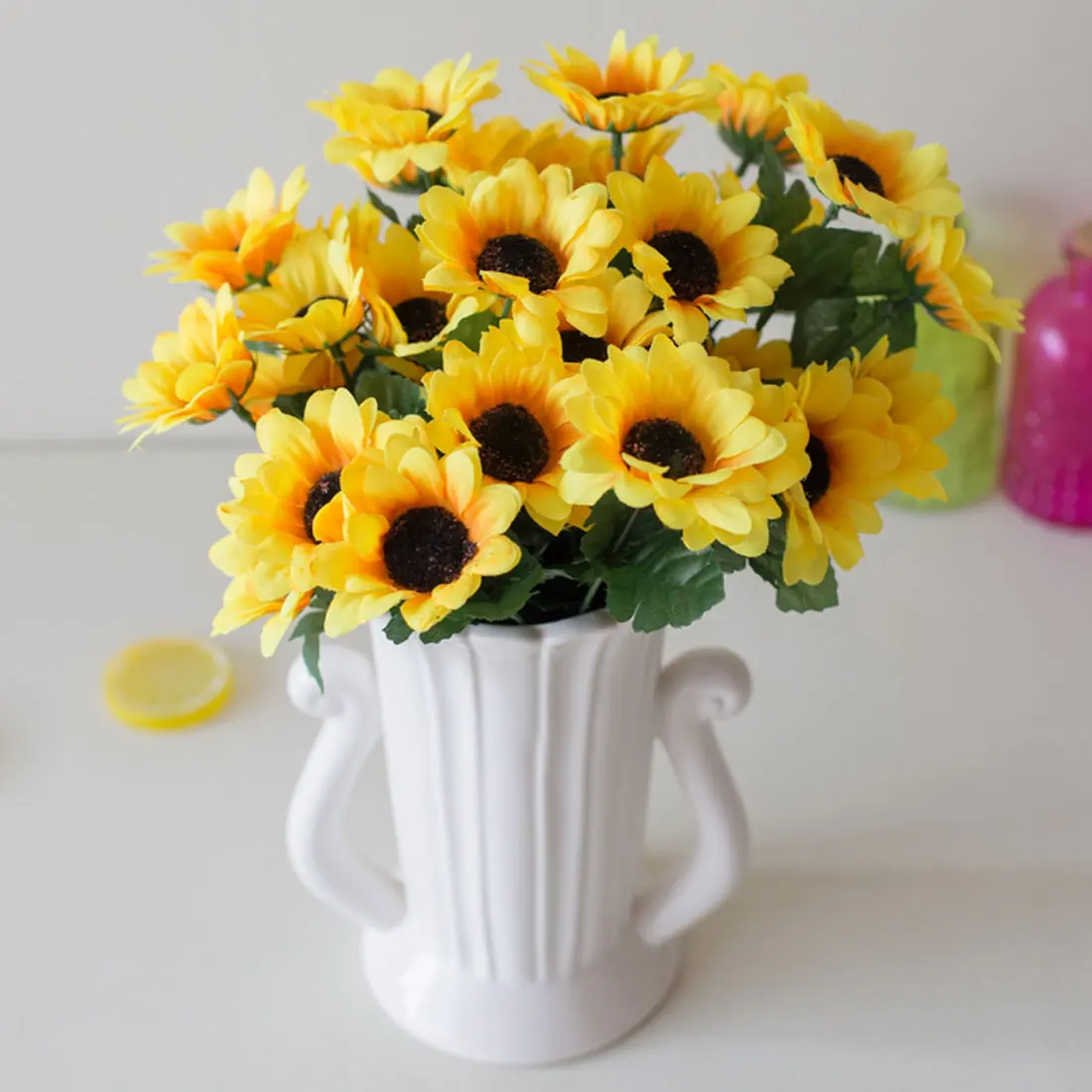 Отличные недорогие Цветочная композиция DIY украшения дома 1 букет желтый шелк подсолнечника декоративный искусственный цветок