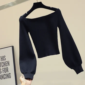 

Slash Neck Short Female Sweaters New Spring All-match Lantern Sleeve Knitting Basic Top Long Sleeve Knitted Sweater Black