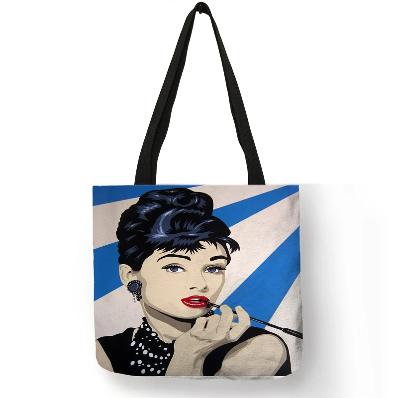 Exclusive Hand Bags for Women Famous Actress Hepburn Painting Shoulder Bag Eco Linen Fashion Lady Elegant Casual Handbag - Цвет: 008