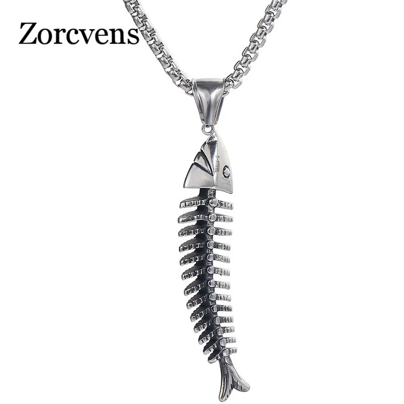 

ZORCVENS Stainless Steel Fish Shape Fishbone Pendant Necklace Hip Hop Gothic Style Male Pendant Necklace Punk Boho Jewelry Gifts