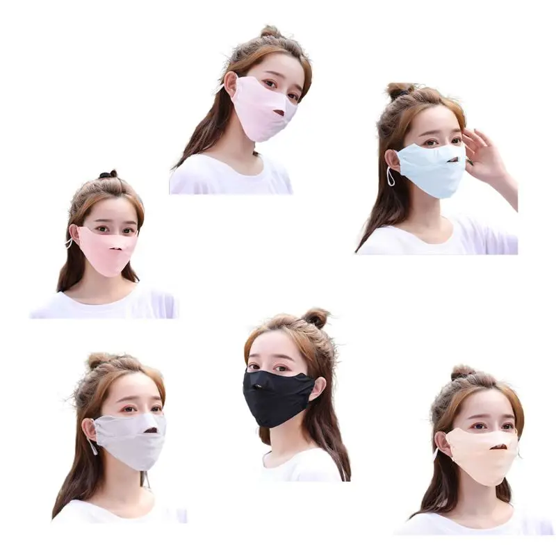 Unisex Summer Ice Silk Thin Sunscreen Open Nose Mouth Mask Cycling Windproof Solid Color Washable Adjustable Earloop Respirator