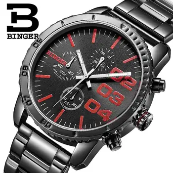 

Switzerland BINGER watches men luxury brand Quartz waterproof Chronograph Stop Watch leather strap Wristwatches B9007-3