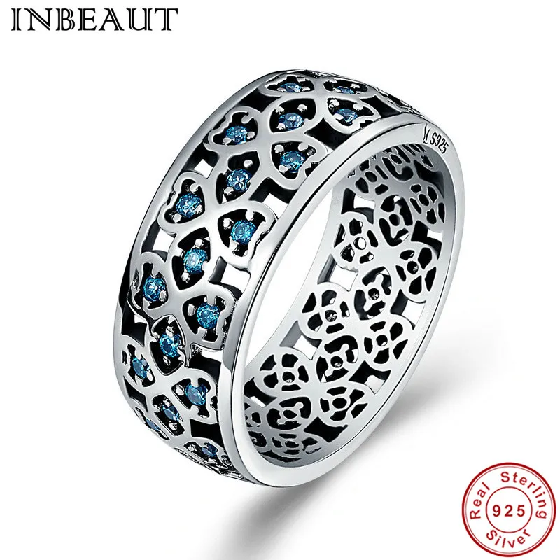 

INEBAUT 100% Authentic 925 Sterling Silver Blue Crystals Heart Ring for Women Big Vintage Princess Wedding Ring Female Jewelry