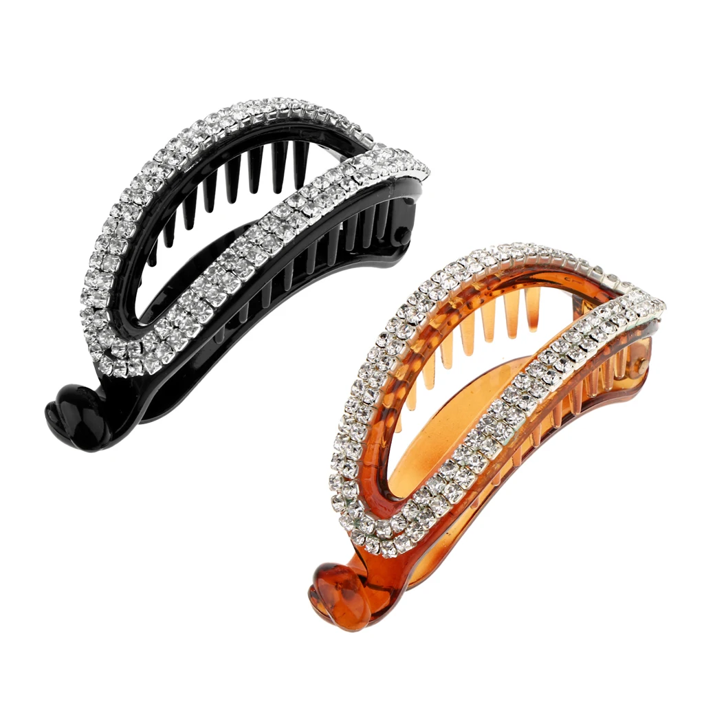 2pcs Women Lady Hollow Rhinestone Hair Banana Clip Ponytail Holder Clamp Crystal Hair Accessories Black Brown