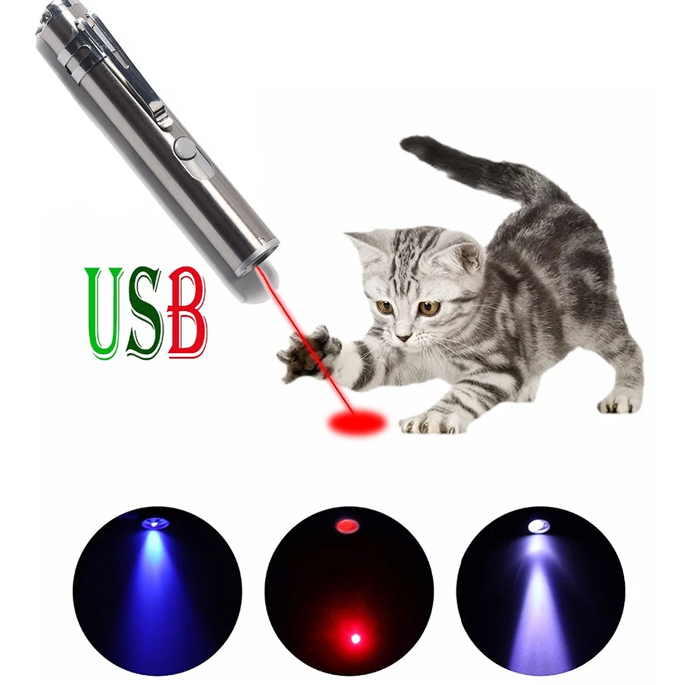 مصغرة USB الأحمر مؤشر ليزر قابلة للشحن 3 في 1 قلم بمصباح يدوي/الليزر/كشاف UV الصيد القط المطارد اللعب