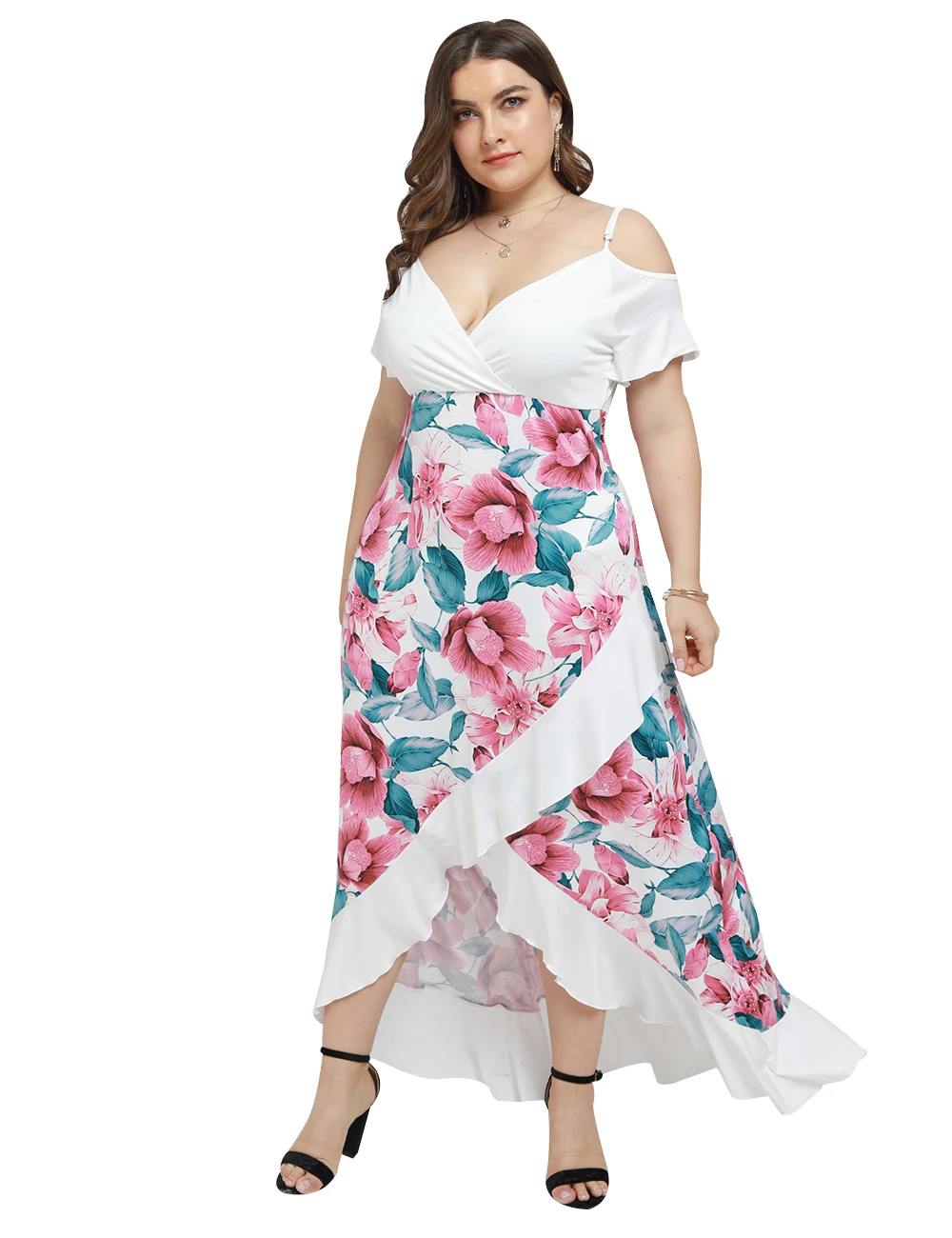 

Large Size Women Dress Elegant Floral Print Butterfly Sleeve Ladies Maxi Dress Plus Size Female Ruffles Summer Long Dresses D30