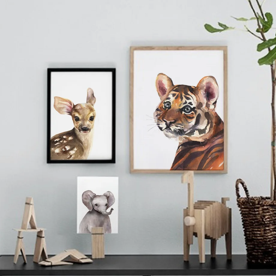 

Wall Art Canvas Painting Cute Baby Deer Tiger Elephant Nordic Posters And Prints Watercolor Kids Wall Pictures For Living Room