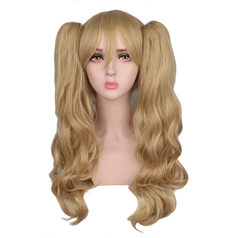 

Anime Cosplay Wig Long Curly Wavy Batman Harley Quinn Golden Blonde Costume Synthetic Hair Cos Wigs +2 Ponytails Peruca Pelucas