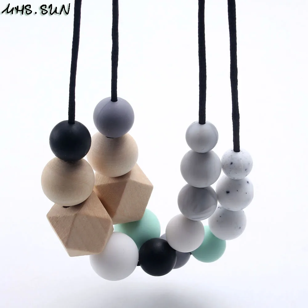 MHS.SUN 5PCS/lot baby silicone teething necklace food grade teether original wood beads for mommy jewelry gift | Украшения и