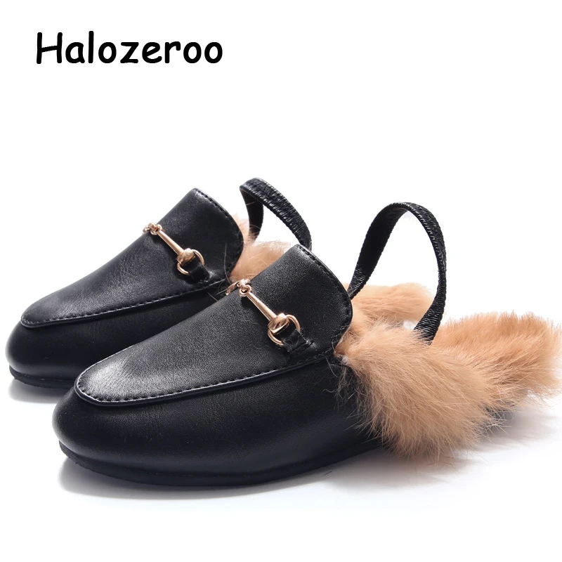 

Halozeroo 2018 Children Fashion Mules Baby Girl Fur Slip Flats Toddler Pu Leather Black Slipper Brand Soft Shoes Winter Slip-On