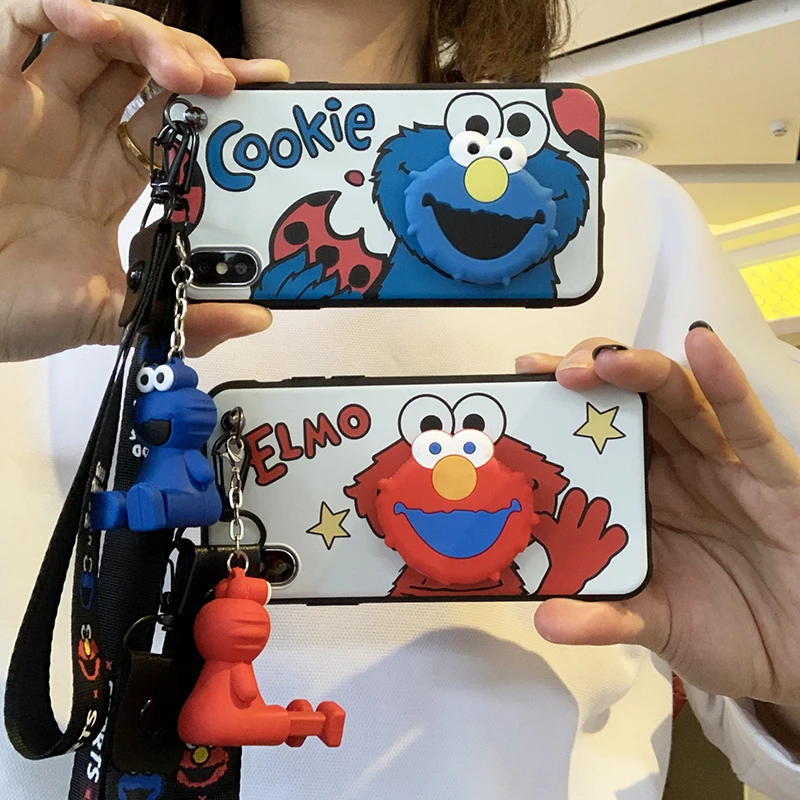 

3D Sesame Street Cookie Safety Handle Multifunction Doll Bracket+Lanyard Soft cover for iphone MAX XS XR 7 8 plus X phone cases