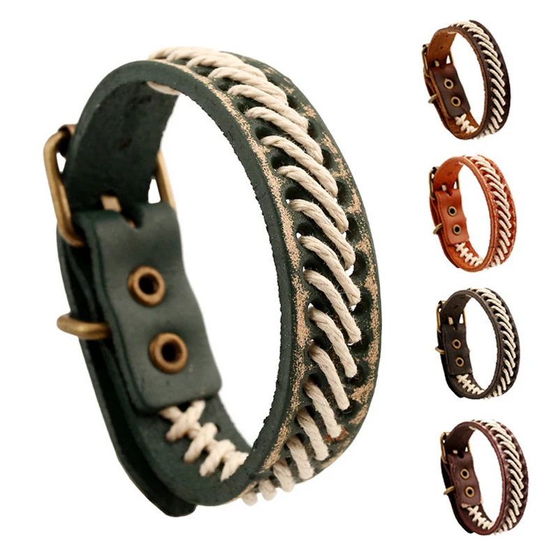 

1 Pc Wholesale Vintage Genuine Leather Jewelry Men's Wrap Bracelet Wristband Belt Buckle Woven Cuff Bangles For Men Bracelet DIY