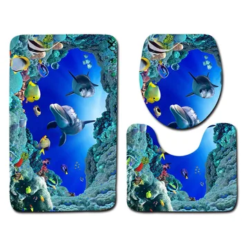 

3Pcs/Set 3D colorful pattern Dolphin Print Bathroom Rug Set Anti-slip Absorbent Bathroom Rug + U-shaped Toilet Mat + Toilet Seat