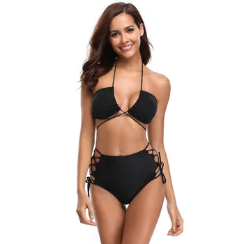 

wo-piece Swimsuit Cross Bandage Double Buckle Women Low Wasit Bikini Set Solid Swimwear Female Bathing Suit Wear Black