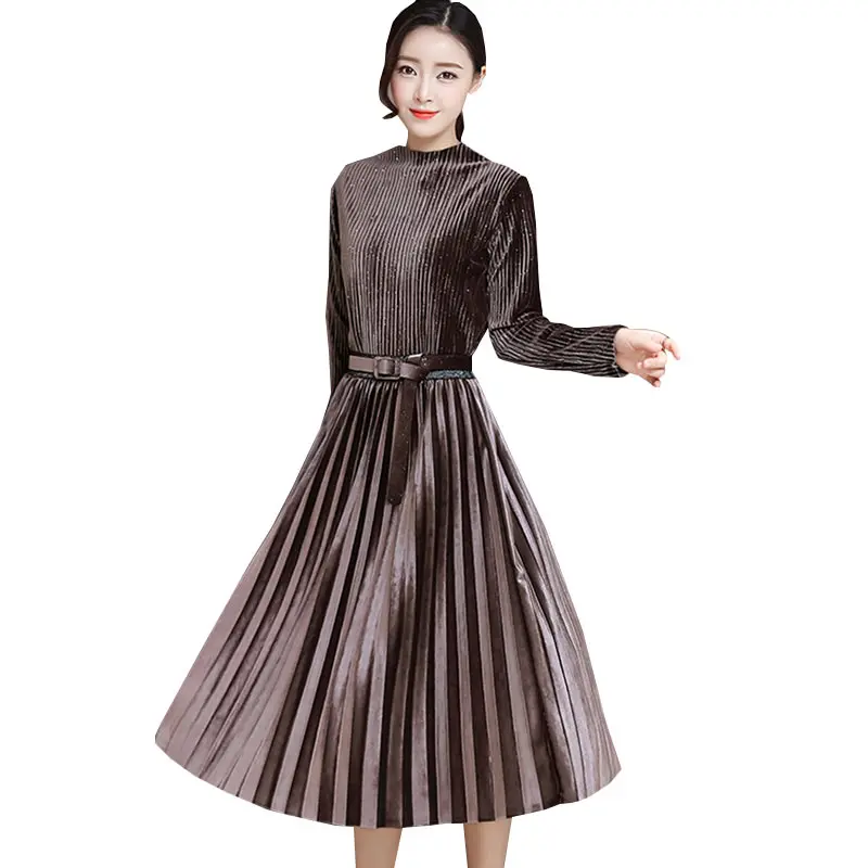 

Spring New Womens Velvet Long sleeved Dress 2018 Thick Section Was Thin Slim Large Pleated Dresses Two-piece suit Vestidos WZ603