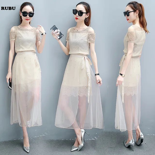 Best Offers 2 Piece Set Women's Suit female tide Lace Chiffon Korean temperament thin gauze two-piece suit top and dress skirt Best Offers 2 Piece Set Women's Suit female tide Lace Chiffon Korean temperament thin gauze two-piece suit top and dress skirt