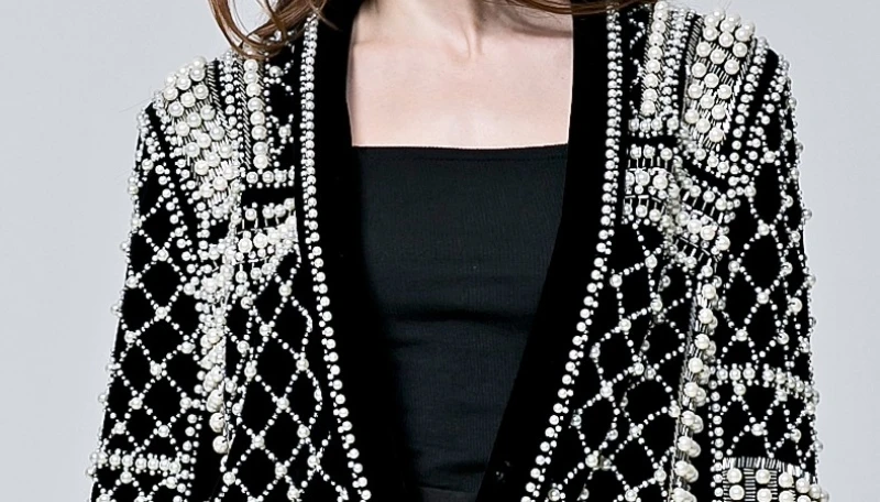 Новинка! Новая модная Высококачественная Женская куртка с длинным рукавом и жемчугом ручной работы. Роскошная черная верхняя одежда