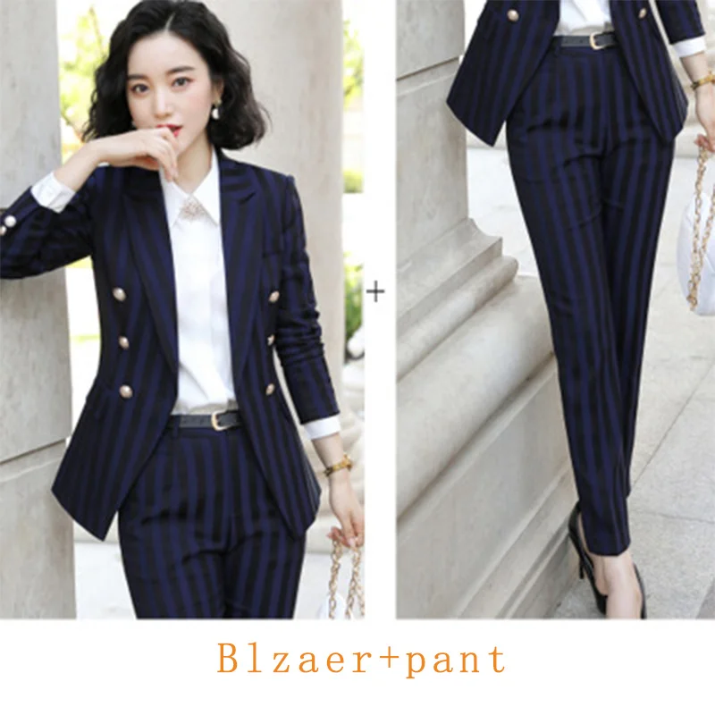 Blue blazer-pant Костюм для отдыха жаккардовый полосатый темперамент Модные женские два комплекта блейзер и брюки для отдыха костюмы для женщин - Цвет: Blue blazer-pant