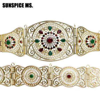 

Sunspicems Gold Color Algerian Caftan Belt for Women Wedding Jewelry Moroccan Bride Waist Chain Round Buckle Adjustable Length