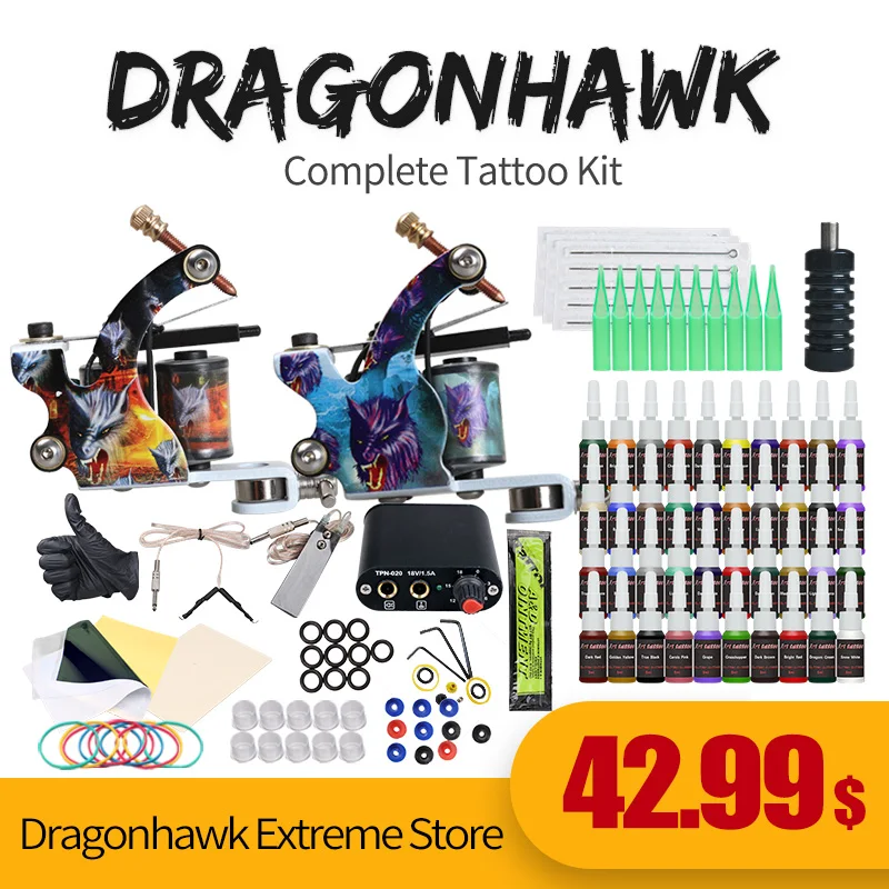 

Complete Tattoo Kit Machine Guns Needles Beginner Kit Inks Set Tattoo Power Supply