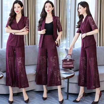 

Lace Wide Leg Pants 2 Piece Set Women Year-old Female Costume Conjunto Feminino Ensemble Femme Survetement Goddess Suit Set