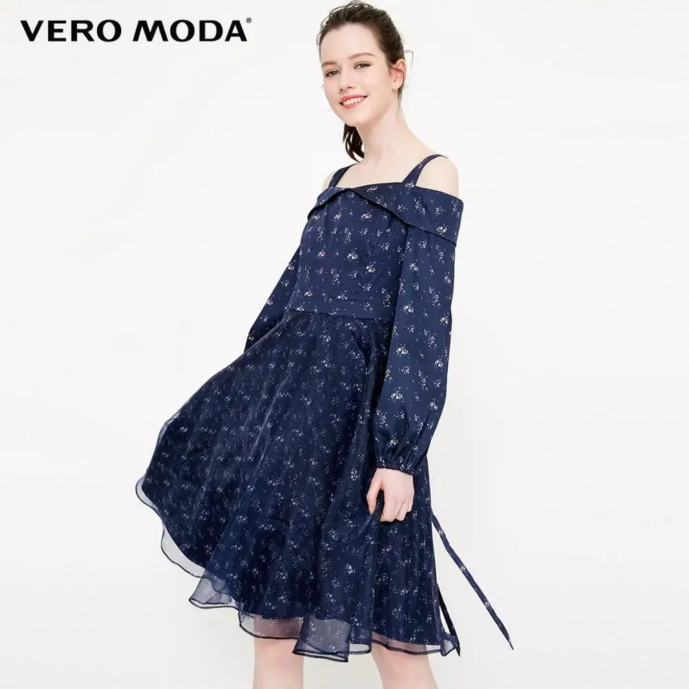 Vero Moda платье женское сшитое платье с принтом и ремнем с открытыми плечами | 31827D521 - Цвет: Midnight blue