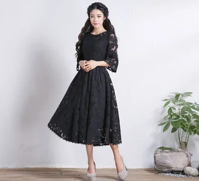 Новое Осеннее женское милое элегантное платье тонкое универсальное кружевное цельнокроеное платье Черное женское