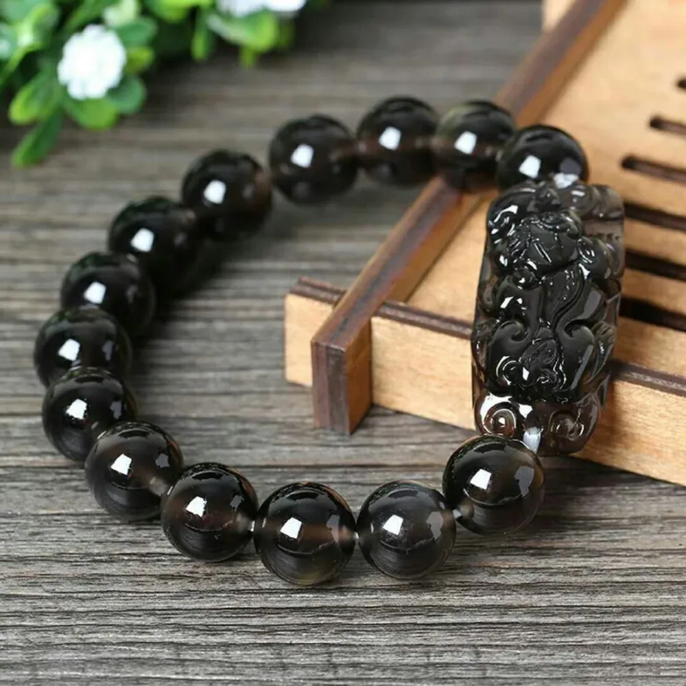 

14mm Natural Ice Black Obsidian Fashion Bracelet Crystal Women Men Healing Rainbow Stone Charm Stretch Round Beads Jewelry AAAAA