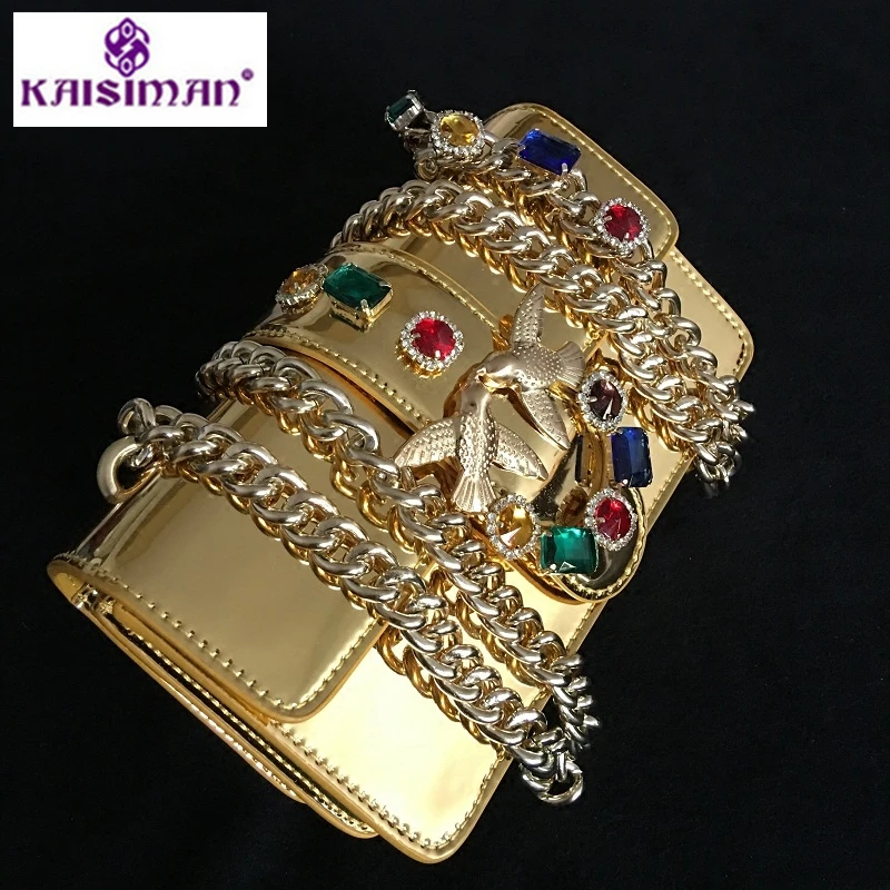 

Lady Messenger Bags Gold Diamond Chain Strap Golden Glossy Genuine Leather Handbags Fancy Diamond Rivet Pearl Chain Shoulder Bag
