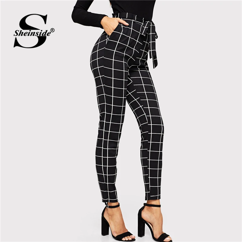 Tanie Sheinside Skinny Grid spodnie z paskiem eleganckie spodnie damskie modny, z kieszeniami w pasie czarno białe spodnie w kratę Capris