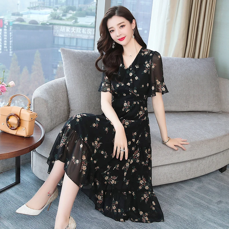 Summer Party Women Chiffon Print Floral Dress Black Fairy Elegant Lady Midi Vintage Beach Dress Female Korean Runway Vestidos