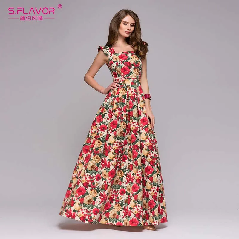 Женское праздничное платье с принтом S.FLAVOR, длинное платье в богемном стиле с оборками без рукавов, весна-лето - Цвет: red